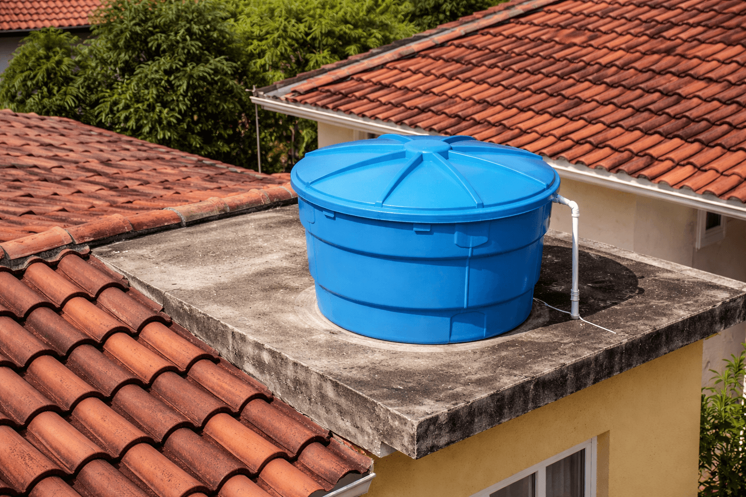 Caixa d'água azul instalada no telhado